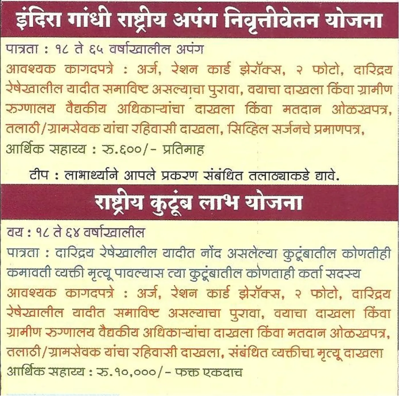 Indira Gandhi Rashtriya Apang Nivruttivetan Yojana & Rashtriya Kutumb Labh Yojana